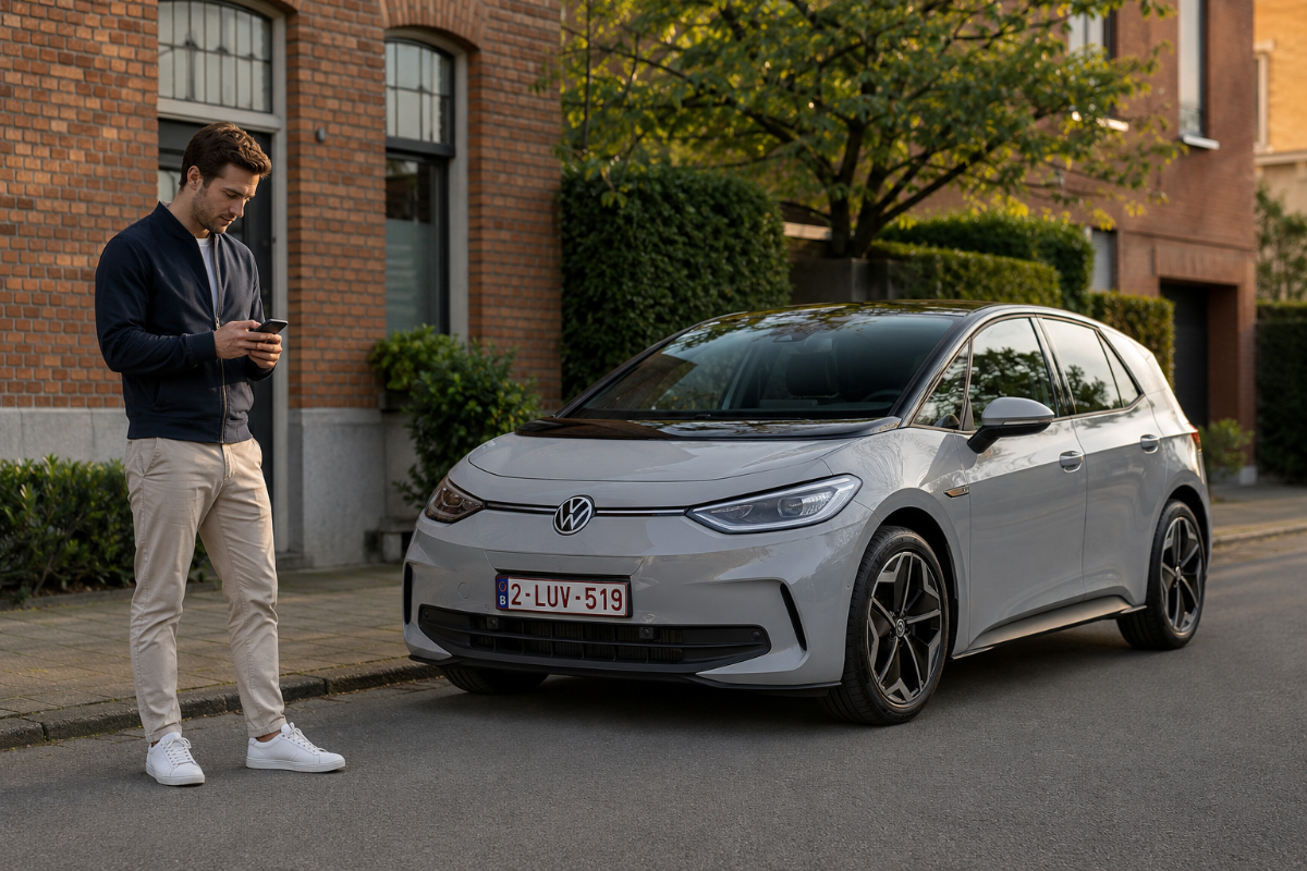 Utilisateur déverrouillant une Volkswagen ID.3 via l'app dans une rue belge